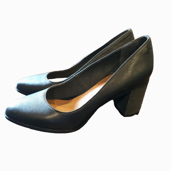 ZODIAC gloria black leather block heel pumps 8.5M classic modern work shoe - Picture 1 of 8